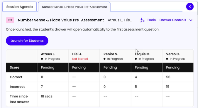 The Resource Drawer with the assessment's tab open, the Launch for Students button, and the Student Progress Summary