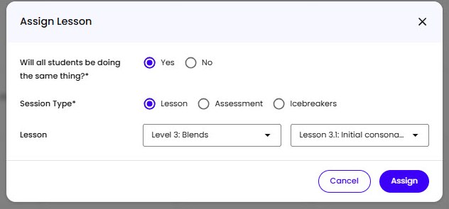 The lesson selection step with the Same agenda toggle and the per-student Lesson / Assessment rows