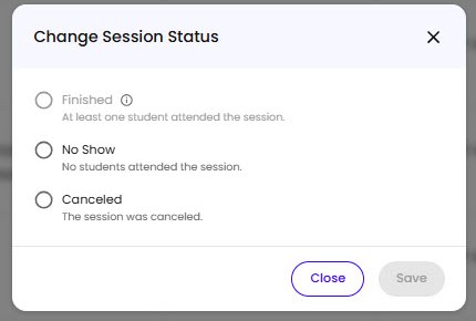 The Change Session Status modal with Finished, No Show, and Canceled