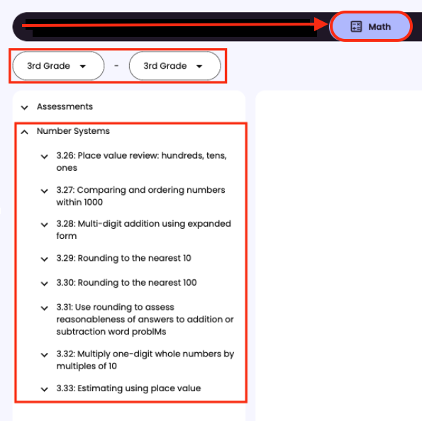 The Curriculum Library filtered to 3rd grade Math, with the last lesson in the Domain at the bottom of the list