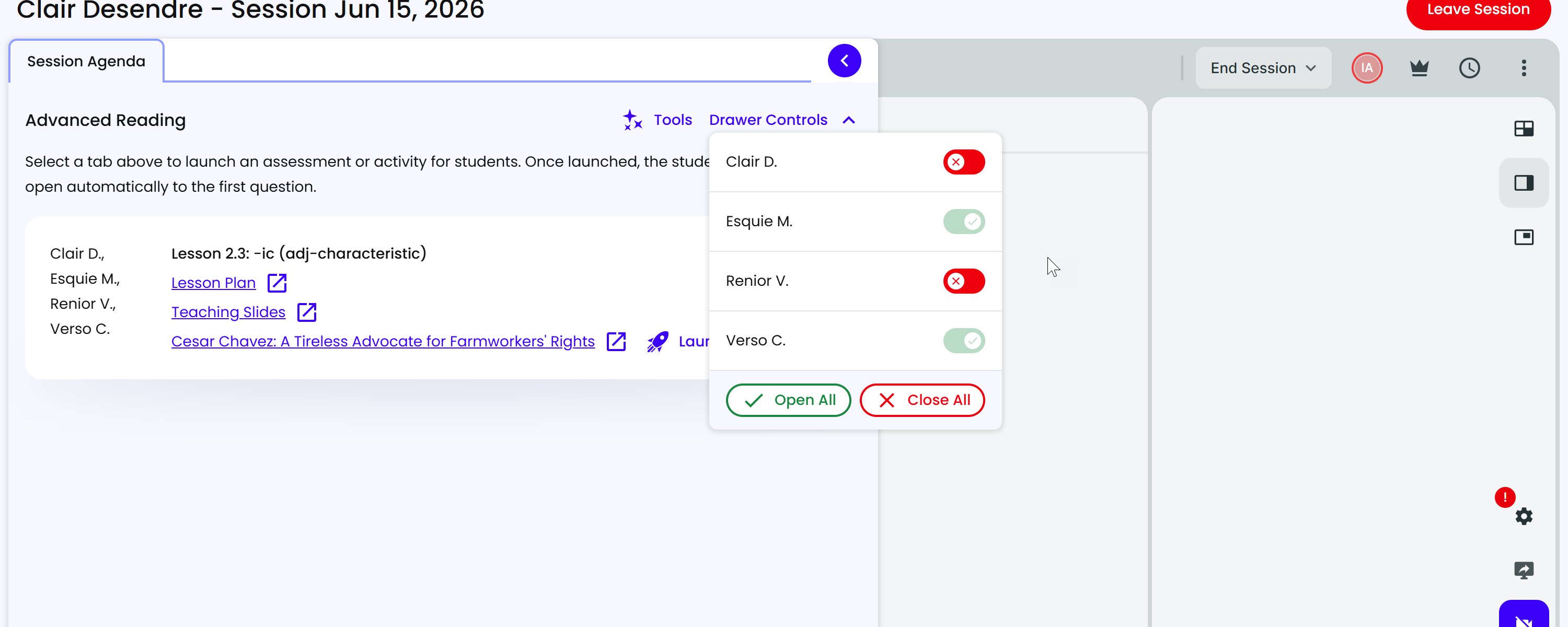 The Resource Drawer with a Session's lesson materials and the Drawer Controls dropdown open