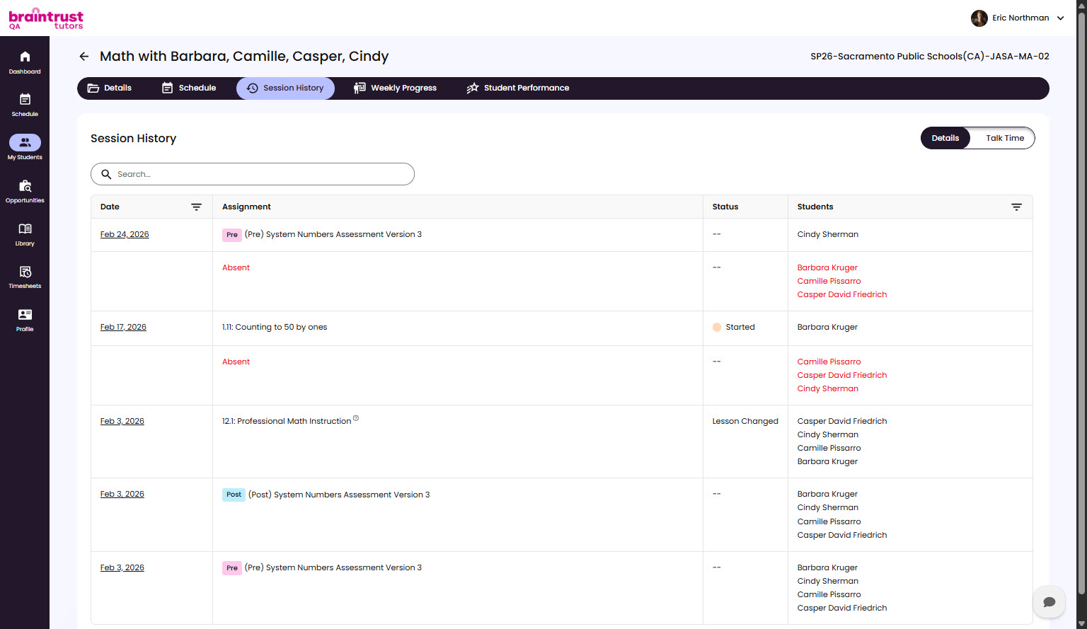 The Session History tab listing a group's past Sessions