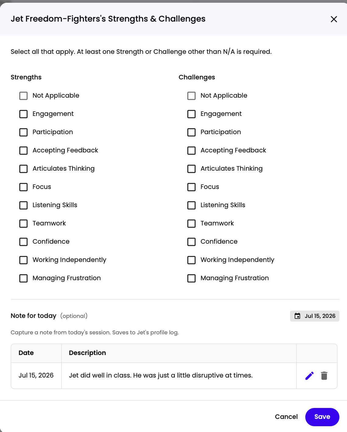 The Strengths & Challenges modal