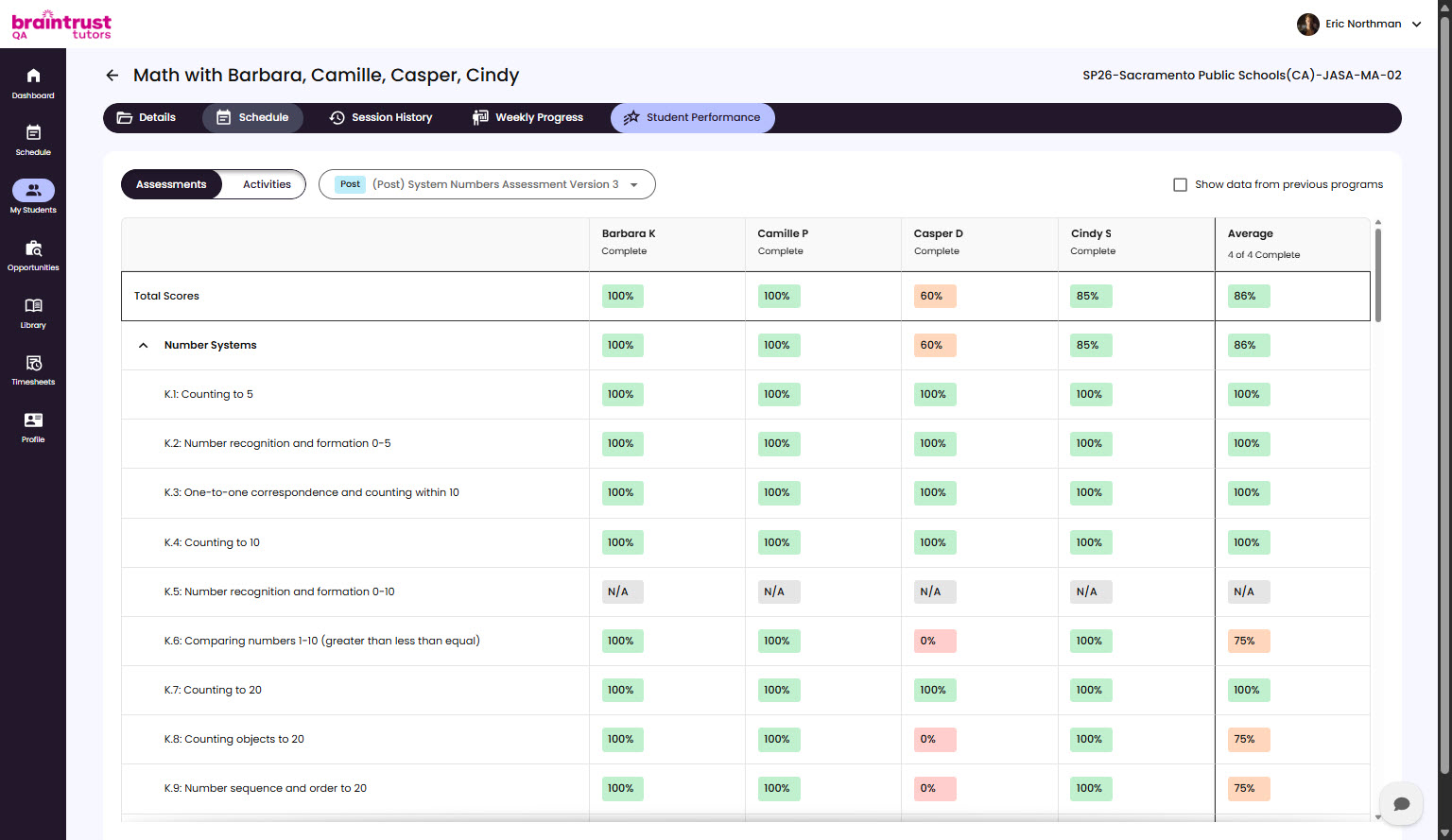 The Student Performance picker and the assessment/activity dropdown