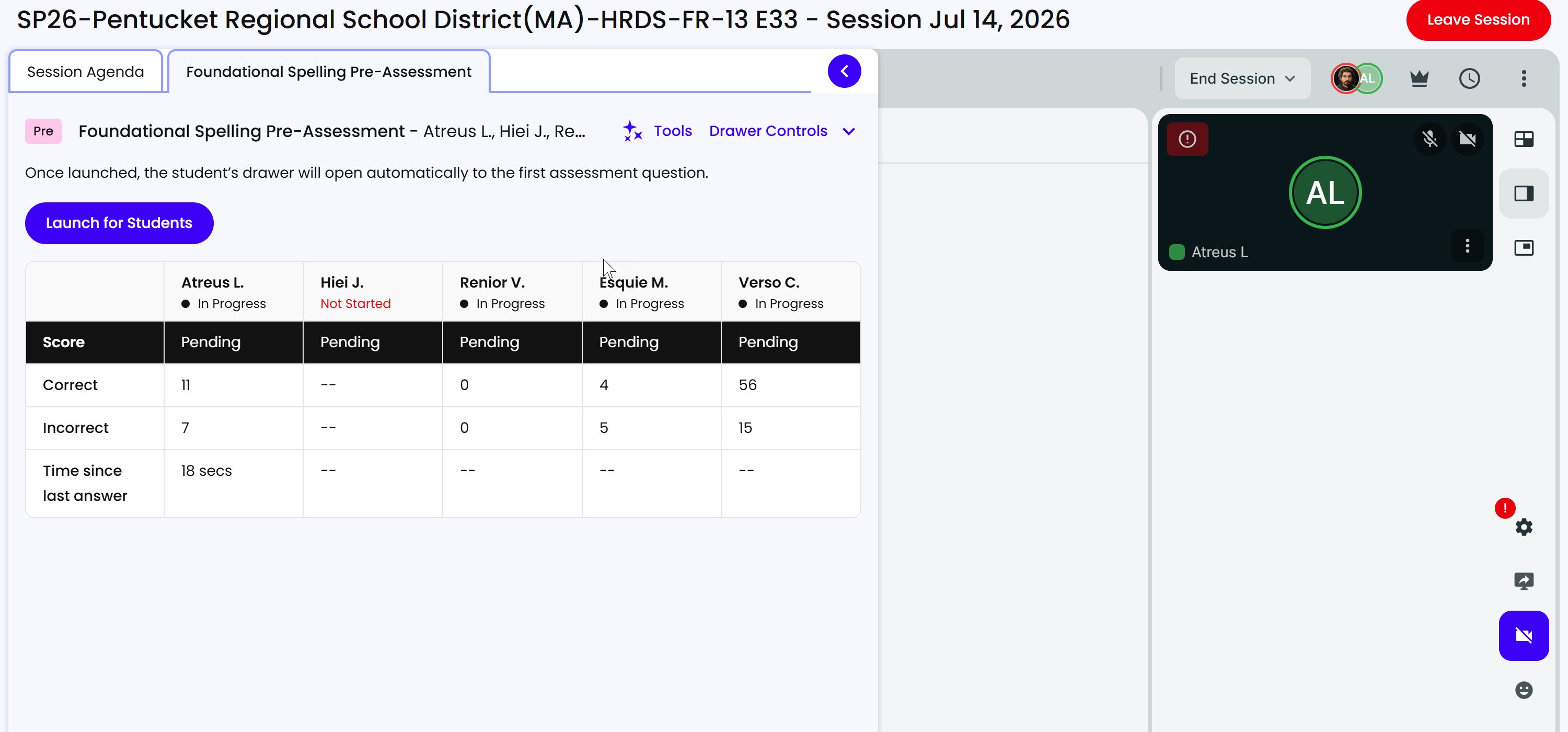 The live results table showing each student's status, correct and incorrect counts, and time since last answer