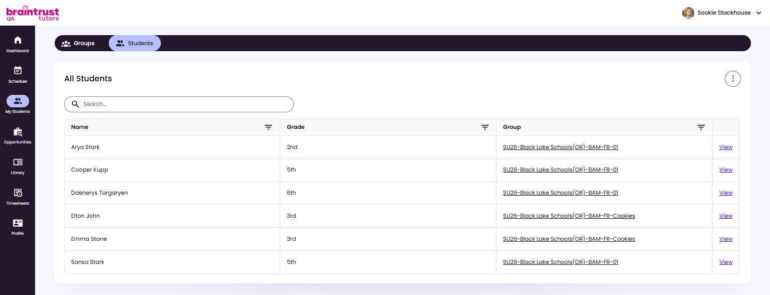 The All Students table with the Name, Grade, and Group columns