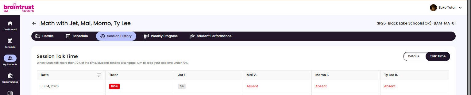 The Talk Time tab. A Session with tutor talk time over 70% shows in red