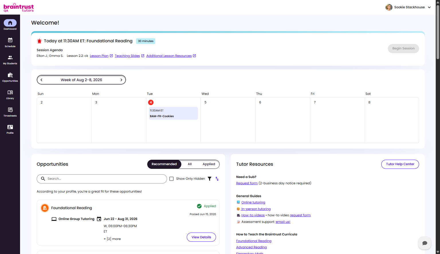The Dashboard with the Next Session card and the weekly schedule